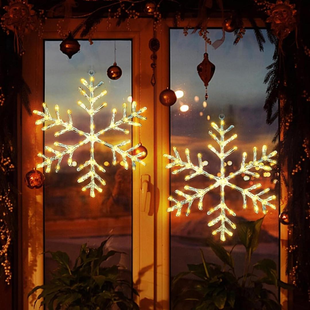 2 Pack Christmas Window Lights Snowflake Decorations, Snowflake Lights with 8 Lighting Modes for Holiday Indoor and Outdoor Wall Door Glass Decoration(Warm White)
