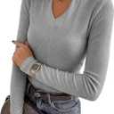 Soft Long Sleeve Shirts for Women V Neck Ribbed Knit Basic Shirts, Womens Going Out Tops Slim Fitted Casual Trendy Clothes Grey (Gray, Large)