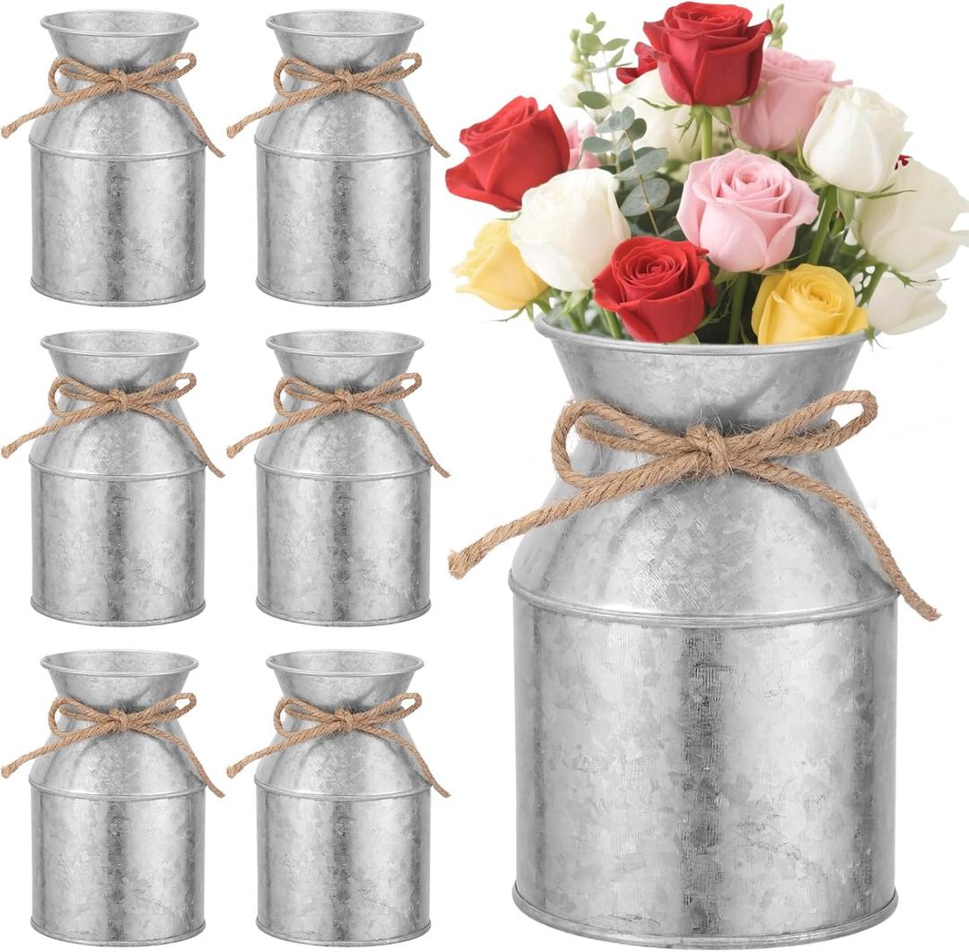 6 Pcs Farmhouse Metal Flower Vase Decor, 5.3 Inch Galvanized Milk Can Jug Vase with Twine Bow Rustic Flower Buckets for Centerpieces Floral Display Table Home Wedding Festival DIY Decorations