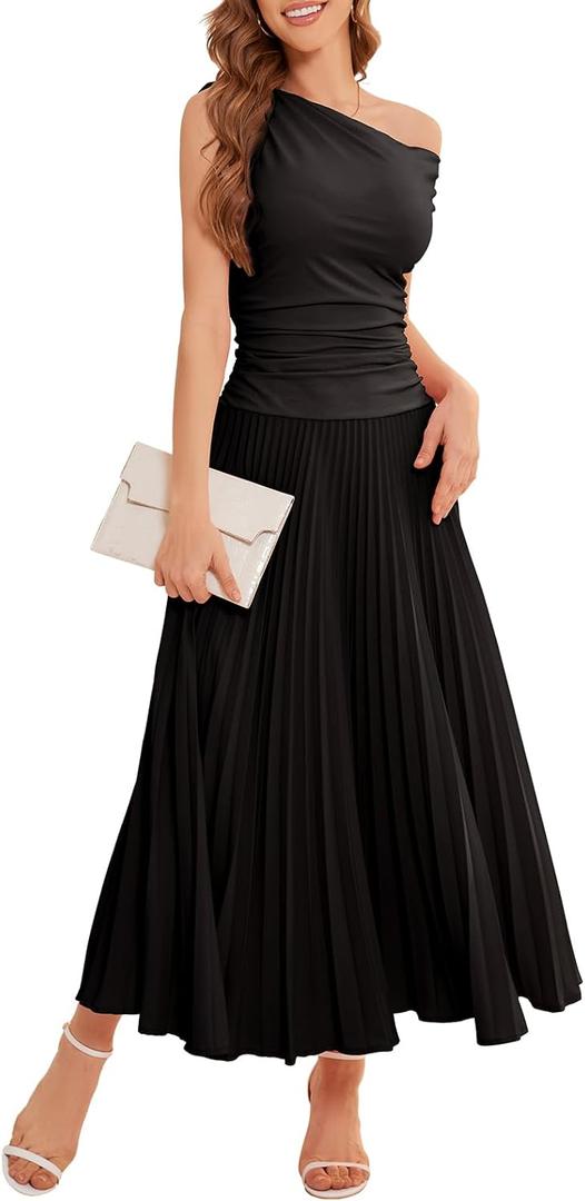 Bbonlinedress Formal Maxi Prom One Shoulder Pleated Cocktail Dress Women Wedding Guest Summer Daily Long Party Dresses (Medium, Black)