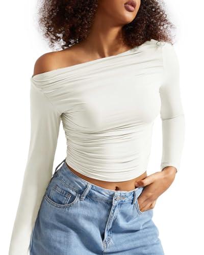 SUUKSESS Women Off Shoulder Long Sleeve Shirts Double Lined Fitted Crop Tops Y2K Tight T Shirts (Cream White,M)