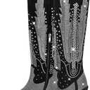 Knee High Cowboy Boots for Women Cowgirl Western Boots Rhinestone Bling Pointed Toe Chunky Heel Pull On Fashion Shoes Tall Black Boot (10)