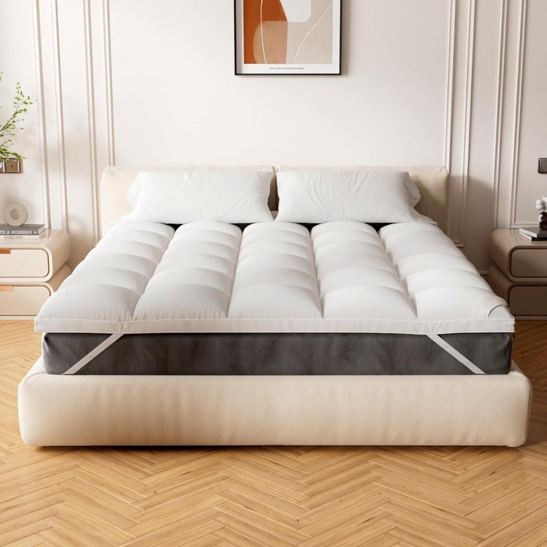 Extra Thick Fitted Mattress Topper - Queen Size | Soft & Cooling Pillow Top Mattress Pad & Protector | Bed Topper for Back Pain, Straps Stretch 6" to 22" Deep (Milky White -2 Inch)