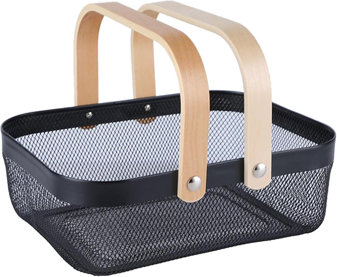 2 Pack AJIODA Metal Mesh Steel Basket, Storage Organizer Basket Garden Harvest Basket Multi-functional Kitchen Fruit Baskets Bin with Wooden Handle for Bathroom Picnic Shopping Decor Cabinet Home, Black