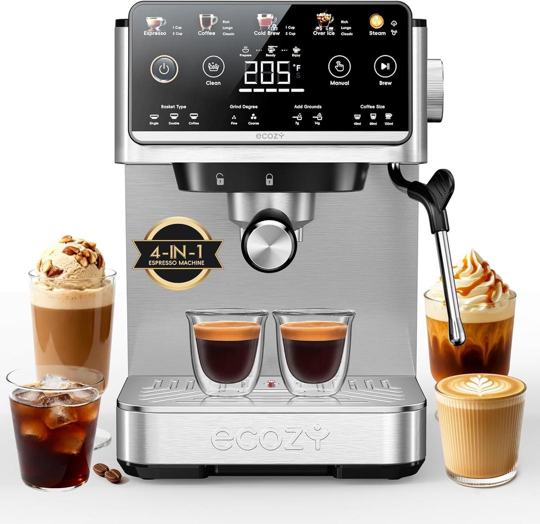 ecozy 4-in-1 Espresso Machine and Coffee Maker Combo with Milk Frother, Cold Brew & Over Ice, Interactive Touch Screen, Stainless Steel, Brezzano Elite Series for Cappuccinos, Lattes, Americanos (Silver)