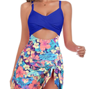 ZAFUL Women One Piece Swimdress Tummy Control Bathing Suit Push Up Swimsuit Modest Swimwear Cutout V Neck Cute Tie Knot Skirt, Size S