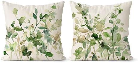 Sage Green Pillow Covers 18x18 Set of 2 Fall Farmhouse Linen Print Decorative Pillows for Couch Outdoor Pillows Case, Green Throw Pillow Cover for Living Room Bedroom Cushion Covers for Home Decor