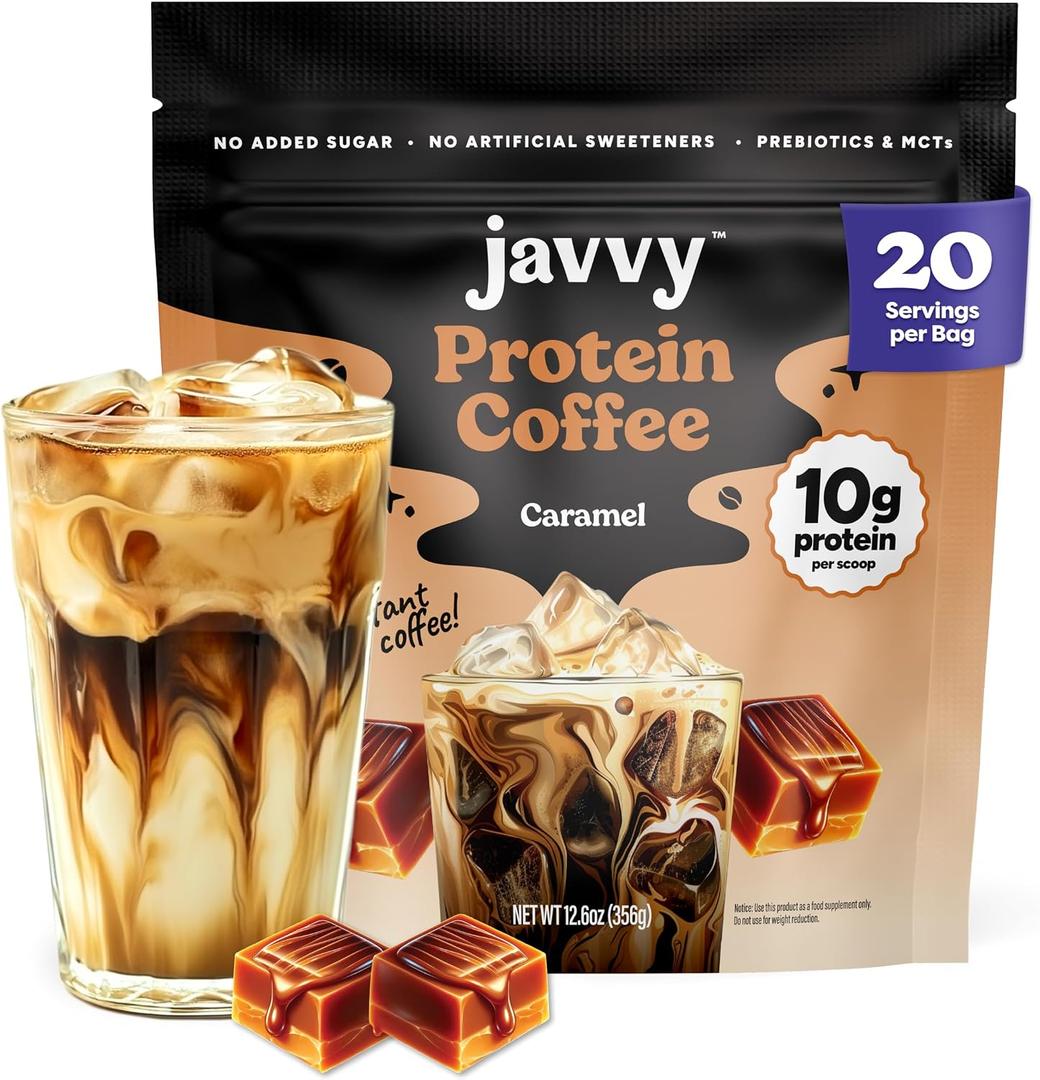 Javvy Protein Iced Coffee - Premium Whey Protein & Iced Coffees, 100% Natural Cold Brew, Zero Artificial Flavors & Sweeteners, 80mg Caffeine, No Added Sugar, 20 Servings, Caramel, 1 Pack (EXP 04/20/28)