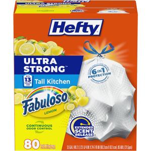 Hefty Ultra Strong 13 Gallon Trash Bags, Tall Kitchen Trash Bags 13 Gallon Size, Resist Leaks, Punctures, and Rips, Continuous Odor Control, White, Fabuloso Lemon Scent, 80 Bags