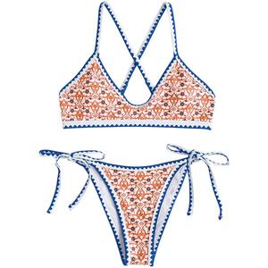 ZAFUL Women's Bohemian Swimsuit Strappy Tie Side Bikini Set Triangle Cheeky String Brazilian Swimwear (White)