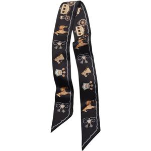 JERLA 100% Mulberry silk Scarf Head Hair Ribbon Handbag Handle wrap Tie Bundle Neckerchief Scarf for women (Carriage Black)