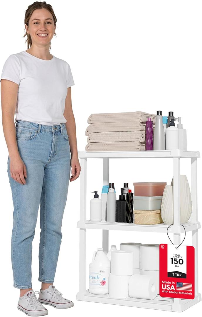 IRIS USA 3-Shelf Light Duty Plastic Storage Shelves, 150lb Capacity, 33" H x 24" W x 12" D, Medium Modular Shelving Unit Storage Organizer for Bathroom, Laundry, Garage & Home, Storage Rack - White, 3 Tier | 12"D x 24"W x 33"H