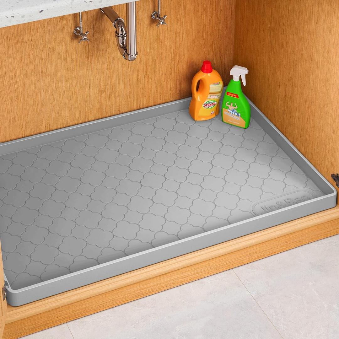 Jin&Bao Waterproof Under Sink Mat 34" x 22", Thick Silicone Mat Cabinet Protector for Kitchen and Bathroom, Shelf Liner, Home Organizer and Storage, Multipurpose Tray for Gadgets and Essentials (Light Grey)