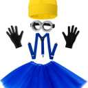WISHTEN Halloween Costume for Adult Women,Goggles/Yellow Beanie/Blue Dress/Suspenders/Gloves Halloween Costume Accessories