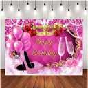 Happy Birthday Pink Masquerade Party Photography Backdrops Golden Mask Red Rose Women Birthday Party Decorations High Heels Champagne Pink Balloons Adult Mardi Gras Dress-up Party Decoration (6X4FT)