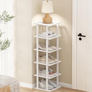 White Bamboo Shoe Rack for Small Spaces 6 Tier Tall Vertical Narrow Rack for Closet Stackable Shoe Holder, Stand for Entryway Storage Shoe Organizer Slim Shoe Shelf