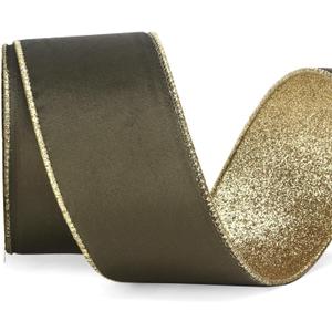 Ribbli Dark Moss Velvet Wired Ribbon 2.5 Inch Moss Green Velvet with Gold Glitter Christmas Ribbon for Christmas Tree Decoration Big Bow Gift Wrapping Crafts Wreaths Supplies- 10 Yards