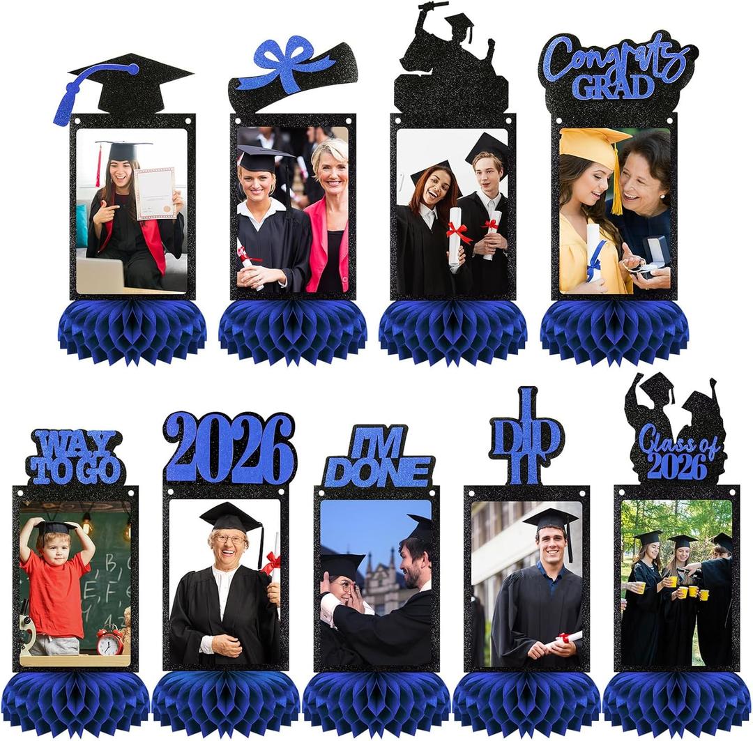 Spiareal 9 Pcs Graduation Decorations Class of 2026 Table Centerpieces Congrats Glitter Grad Honeycomb for Photo Toppers 2026 Congratulate Graduation Party Decor Favor Supplies(Blue)