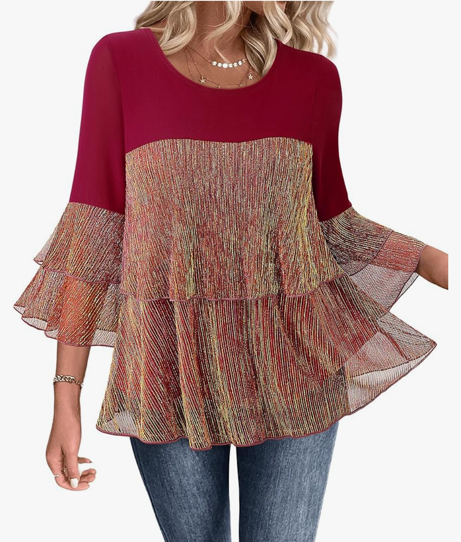 Bebonnie Womens Dressy Sparkly Peplum Tops 3/4 Sleeve Ruffles Elegant Evening Flowy Blouses(M)