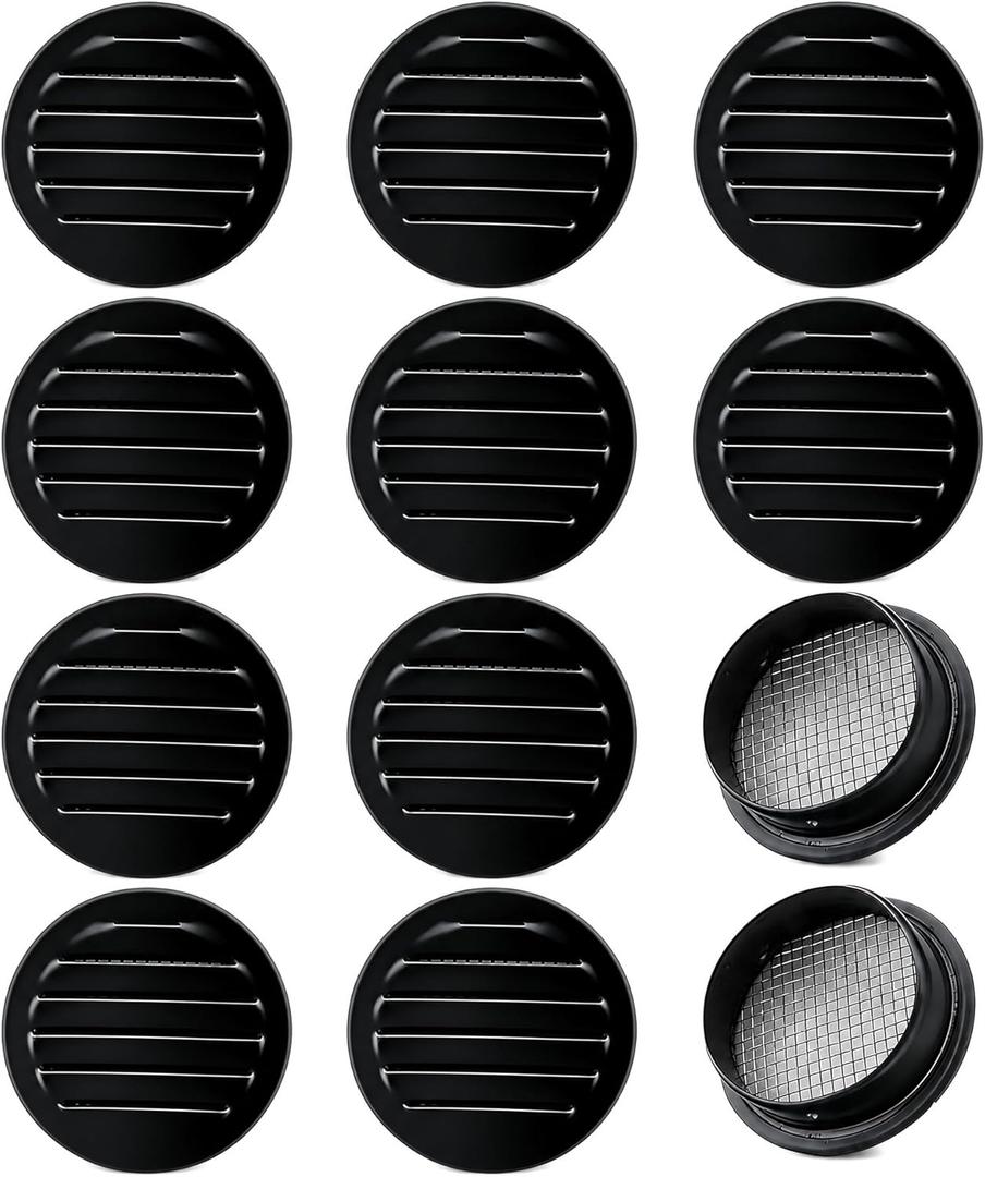 Round Aluminum Louver with Insect Screen, 2 Inches, Black (12)