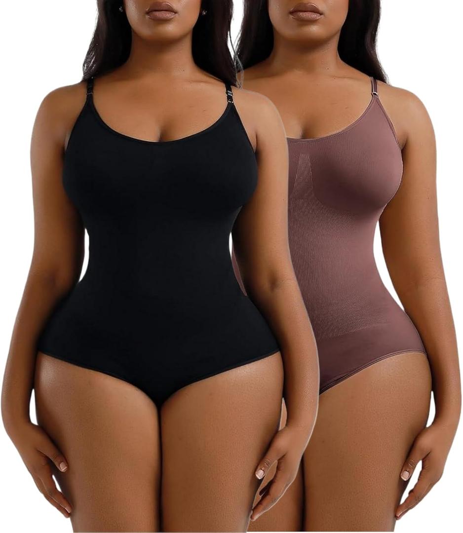 2 Piece Shapewear Bodysuits For Women Tummy Control Seamless Waist Body Suits Shaper (Black+Brown) (Medium)