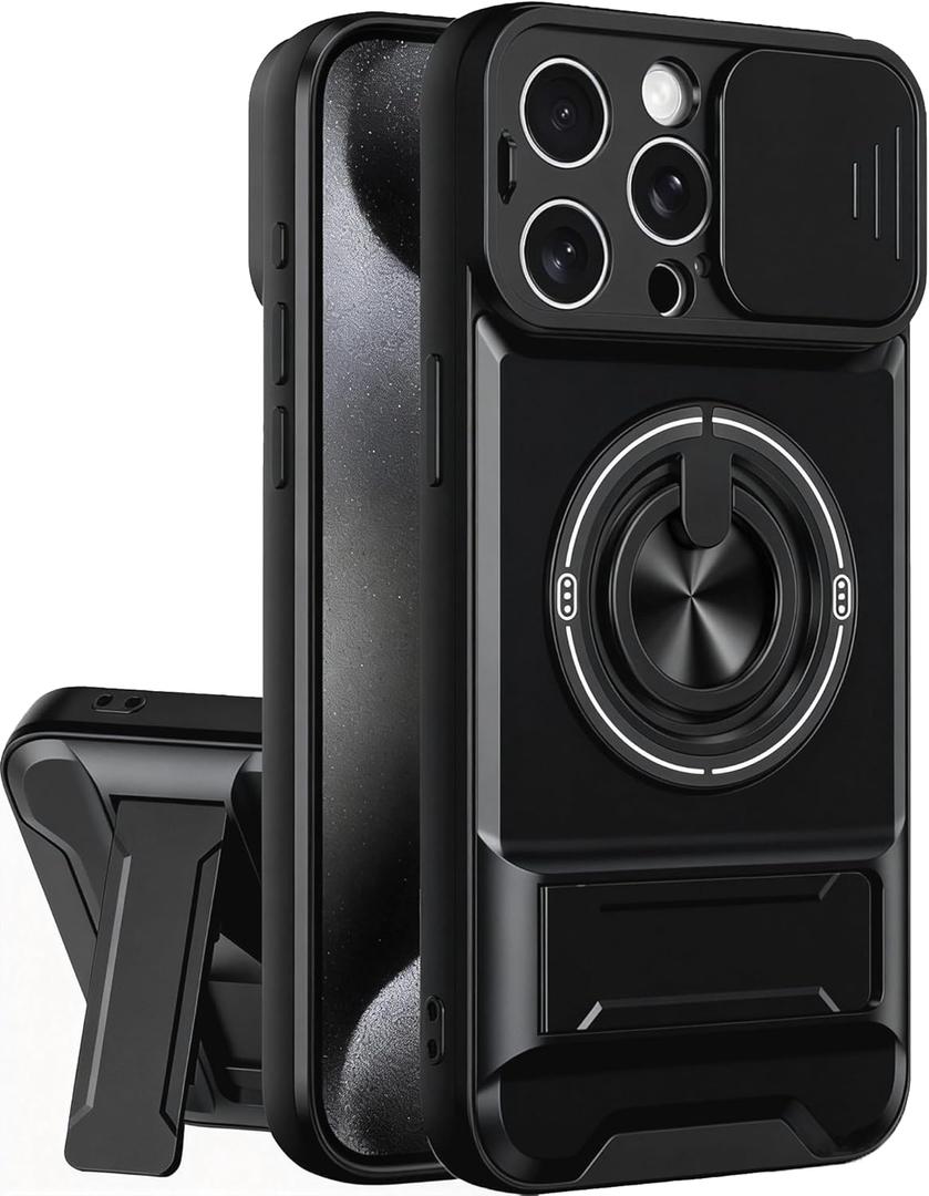 Dssairo for iPhone 15 Pro Max case with 360Rotation Magnetic Ring Compatible with MagSafe Slide Camera Cover Foldable Stand Military-Grade Shockproof Protective case (Black, iPhone 15 Pro Max)