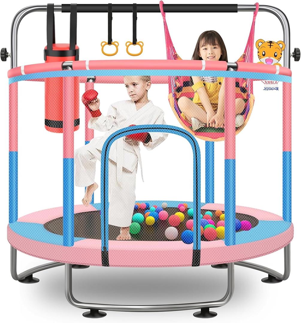 60" Trampoline for Kids with Net, 440lbs Capacity Indoor & Outdoor Kids Trampoline with Adjustable Gymnastics Bar & Toys, Toddler Trampoline for Kids 3-10 Boys & Girls