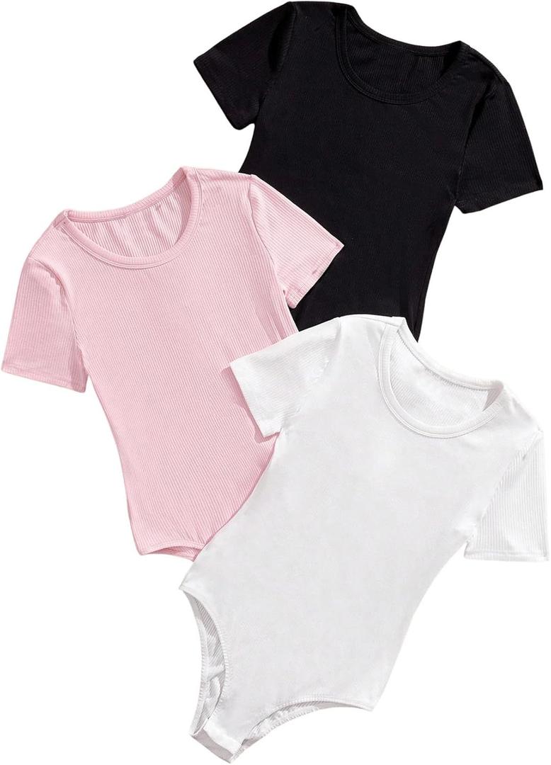 SweatyRocks Girl's 3 Pack Bodysuits Short Sleeve Crew Neck Ribbed Dance Leotards Sets (Multicolor)