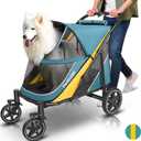 Petbobi Dog Stroller for Medium Dogs - Easy Fold Dual Entry Pet Stroller with One-Foot Brake, All Terrain Wagon Cart with Large Air Mesh, Ideal for Large Senior Pets up to 80 lbs, Green (Green&Yellow)