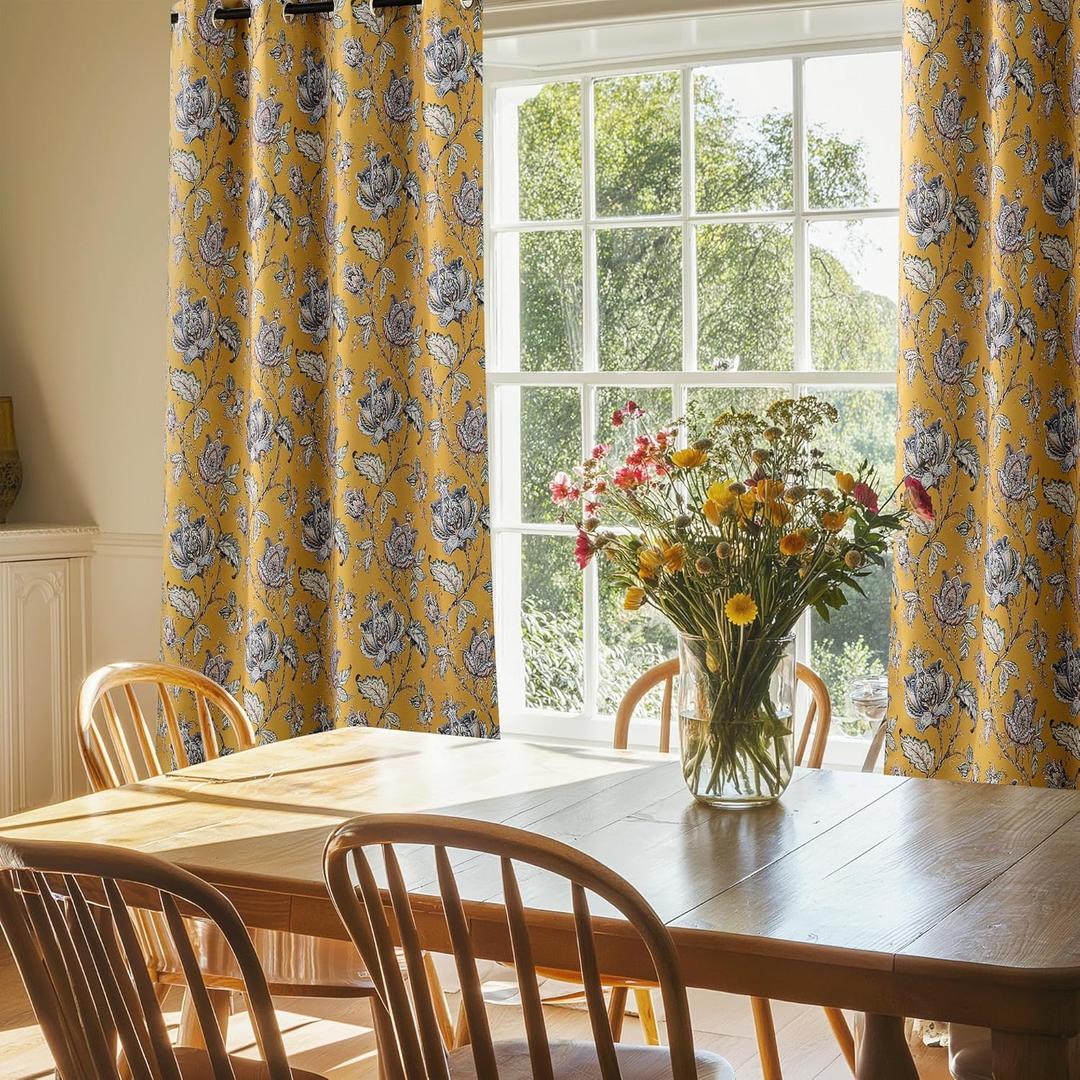 NICETOWN Curtains for Living Room 96 Inches Long 2 Panels, Room Darkening Curtains for Farmhouse, Thermal Insulated Privacy Drapes Oak Brown Botanical Floral Print Design, W52 per Panel