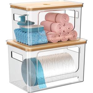 Trash Bag Holder Dispenser with Bamboo Lid, 2 Pack Clear Stackable Plastic Grocery Bag Holder for Home Kitchen Pantry Countertop, Medium & Large Wall Mounted Storage Bins for Onion Potato Storage