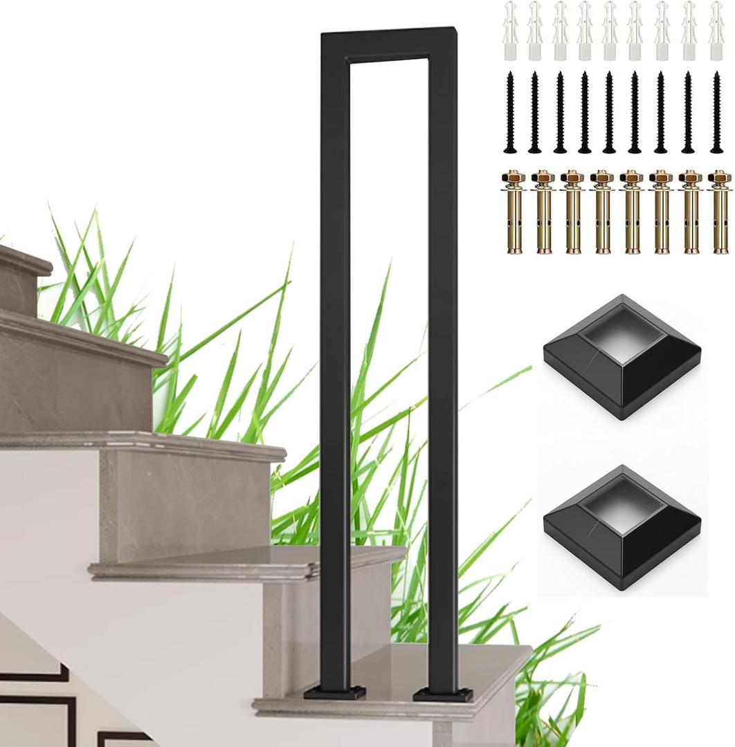 U-Shaped Staircase Handrail, Wrought Iron Indoor Outdoor Non-Slip Guardrail, Black Sturdy Step Railing for Porch, Loft, Steps, Garden, Corridor, Easy Installation