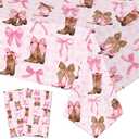 Coquette Bow Cowgirl Tablecloth 2PCS Western Cowgirl Birthday Party Supplies Pink Bowknot Boots Rodeo Bachelorette Party Table Cover for Wild West Baby Shower Decor