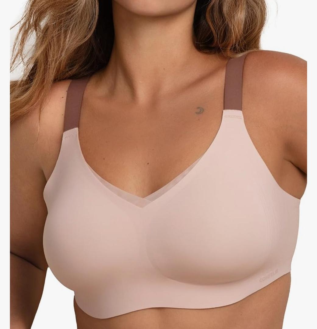 COMFELIE Women No Underwire Bra Comfy Seamless Bras Full Coverage Mesh Bralette with Adjustable Contrast Color Strap Oyster Pink, 2XL