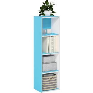 Furinno PASIR Book Shelf, 4-Tier Modern Bookshelf, Open Shelves Bookcase 9 x 12 x 42, Easy Assembly, for Living Room, Bedroom, Home Office, Light Blue/White