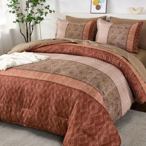 Dinjoy Boho Queen Comforter Set Red Brown,7 Piece Bed in a Bag Queen Size Warm Striped Bedding Sets with Plaid Comforters Bed Set with Sheets for Family All Season