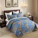 King Quilt Set 100% Cotton Blue Damask Floral Bedspread, Classic European Style Reversible Quilt Bedding Set 3 Pieces, Lightweight All Season, Dark Blue & Brown
