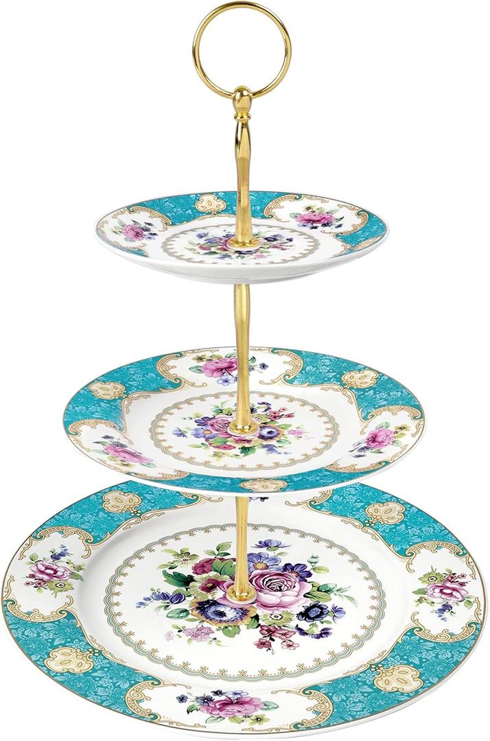 fanquare 10 Inch Floral Porcelain Cake Stand, Vintage Dessert Plate with Gold Trim, Blue Tea Cake Stand (Blue, Three-Tier)