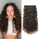 REECHO Curly Hair Extensions - 4PCS 18" GoGo Curly Clip in Hair Extensions 100% Super Protein Hairpieces with Invisible Lace Weft Silky Soft Natural Look for Women - Chocolate Brown with Lighter Ends