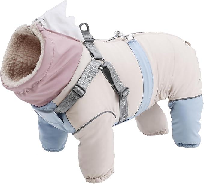 Dog Snowsuit with Built-in Harness, 4-Leg Full Body Winter Coat, Fleece Lined Puffer Jumpsuit with Back Zipper & Reflective Trim for Small Medium Large Dogs (Pink, Small)