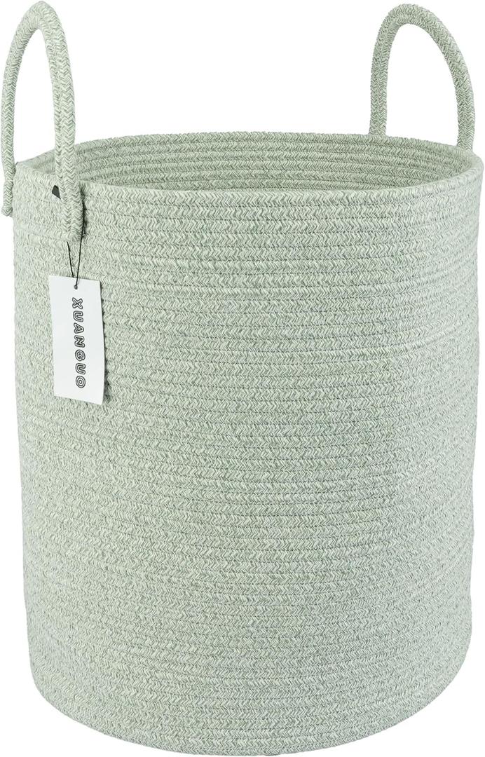 Cotton Rope Laundry Basket Hamper for Clothes Woven Storage Basket for Living Room Bedroom Boho Tall Rope Baskets for Blanket Toys Pillow Towels Baby Nursery Hamper Bin green (regular)