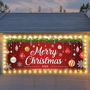 7x16ft Christmas Garage Door Cover with LED String Lights, 2025 Large Garage Door Christmas Decorations, Outdoor Lighted Banner, Merry Garage Mural (Ornaments)