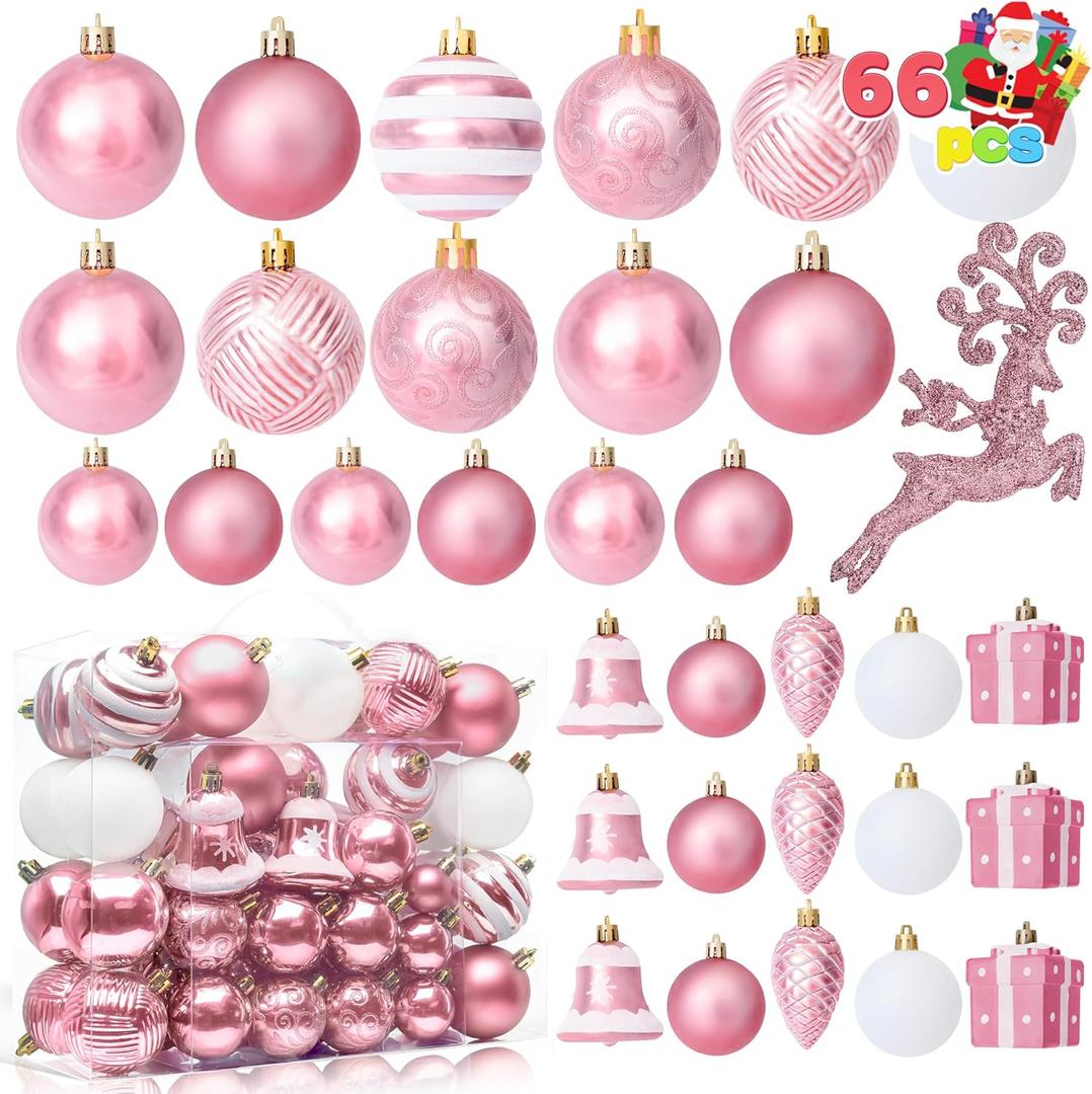 Joiedomi 66 Pcs Pink Christmas Balls Ornaments Set, Christmas Tree Ornaments Shatterproof Plastic for Xmas Hanging Decoration, Holiday Party Decoration