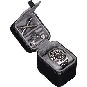 ROTHWELL Single Watch Travel Case with Accessory Compartment | Compact PU Leather Protective Box w/Microsuede Interior | Fits Watches & Smartwatches Up to 55mm | Accessory Lid for Jewelry (BlackGrey)