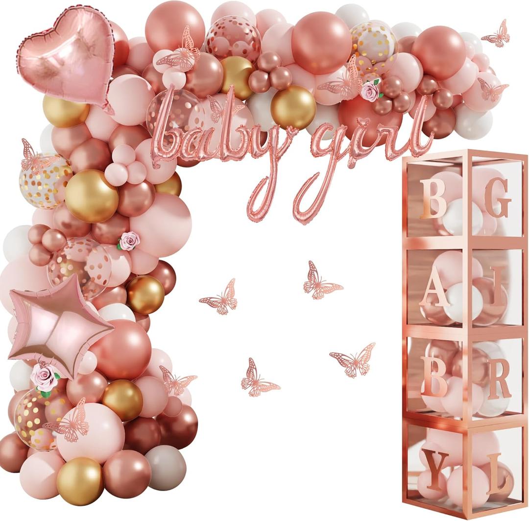 Amandir 134pcs Rose Gold Balloons Baby Shower Decorations for Girl Boxes, Butterfly Stickers Balloon Garland Arch Kit Baby Box with Letter (A-Z+Baby) for Women Birthday Bridal Party Decoration