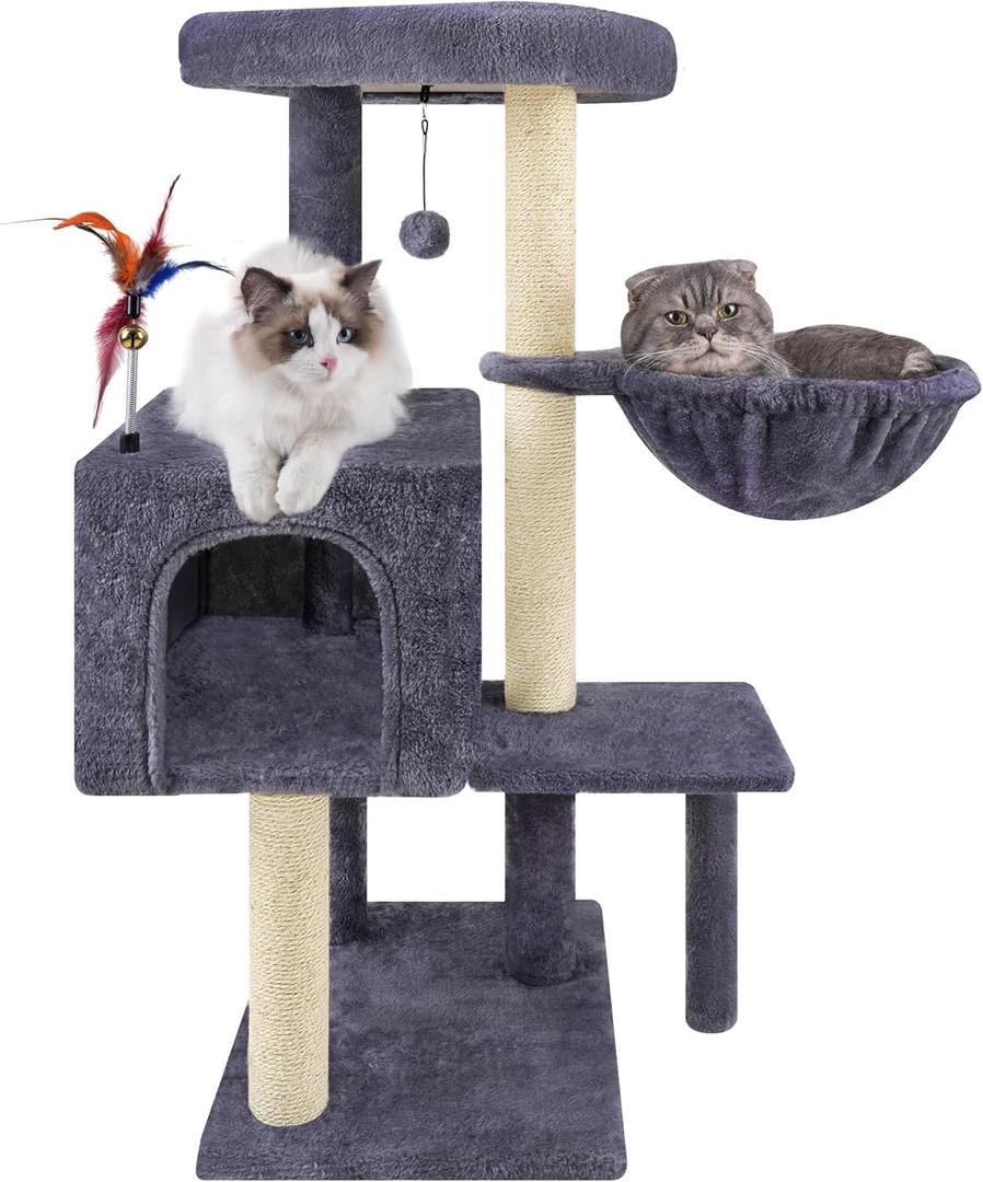 35.4'' Multifunction Cat Tree with Cozy Hammock & Hanging Ball, Cat Tower with Activity Cat Condo & Jute-Covered Scratching Posts, Grey