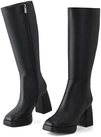 GRACESTRIDE Knee High Platform Boots for Women Square Toe Boots with Chunky Block High Heel Shiny Patent-Look Tall Boots Side Zipper, Size 39.5
