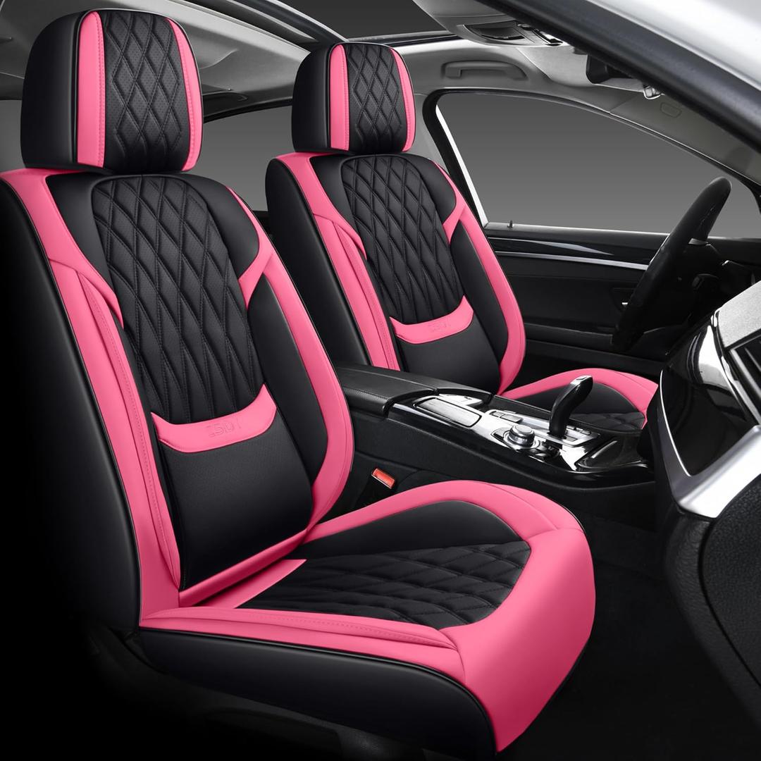 Leather Car Seat Covers Full Set, Automotive Seat Covers 5 Seats, Fit for Most Cars SUV and Most Sedans Pickup Truck, Comfort Breathable Waterproof Full Wrapping Edge Seat Covers (Black & Rose)