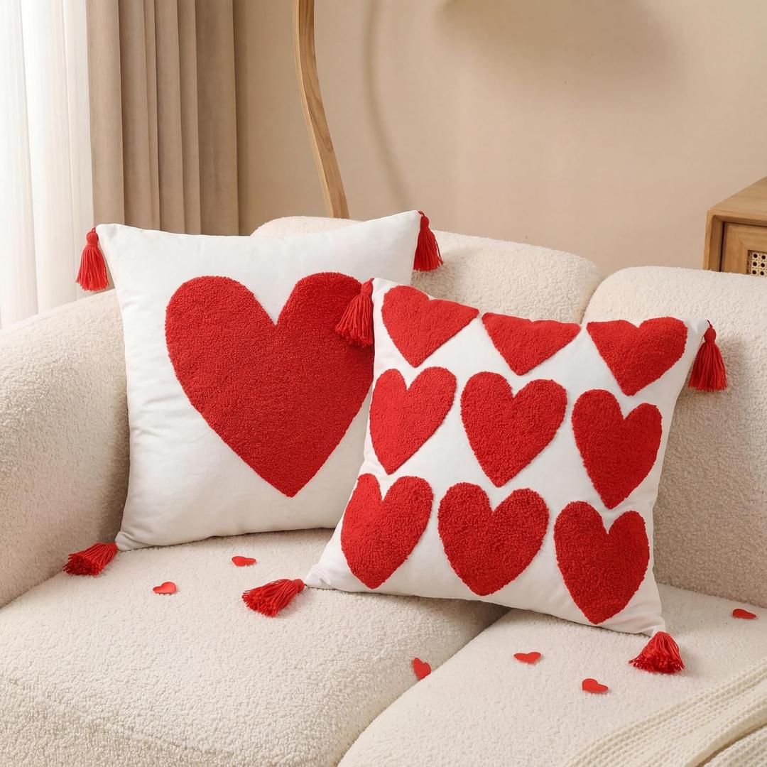 FuWeave 2 Pcs Valentines Day Heart Pillow Covers 18x18 Inch Embroidered Red Heart Cushion Covers Plush Faux Fur Tasseled Cushion Cases Valentines Day Decor for Home Bedroom Couch Sofa Indoor Gift