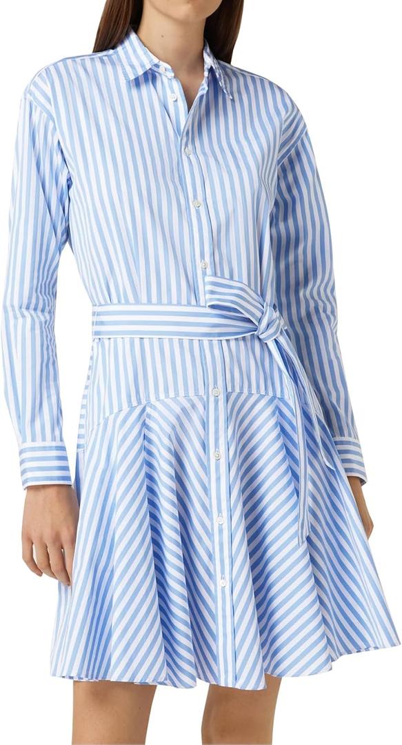 Womens Striped Mini Dress Long Sleeve Belted Button Down Shirt Dress Summer Fall Casual Dress (Small, Blue)